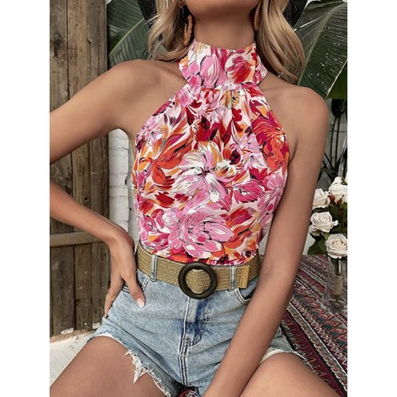 Souls & Sirens Tops - Pink Floral Printed High Neck Halter Sleeveless Keyhole Tank Top Blouse